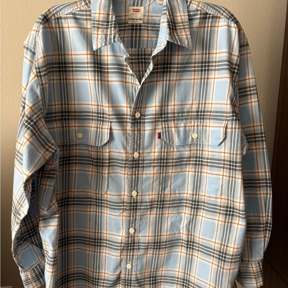 Levi's Men's Light Blue and Orange Plaid Shirt - Picture 1 of 3
